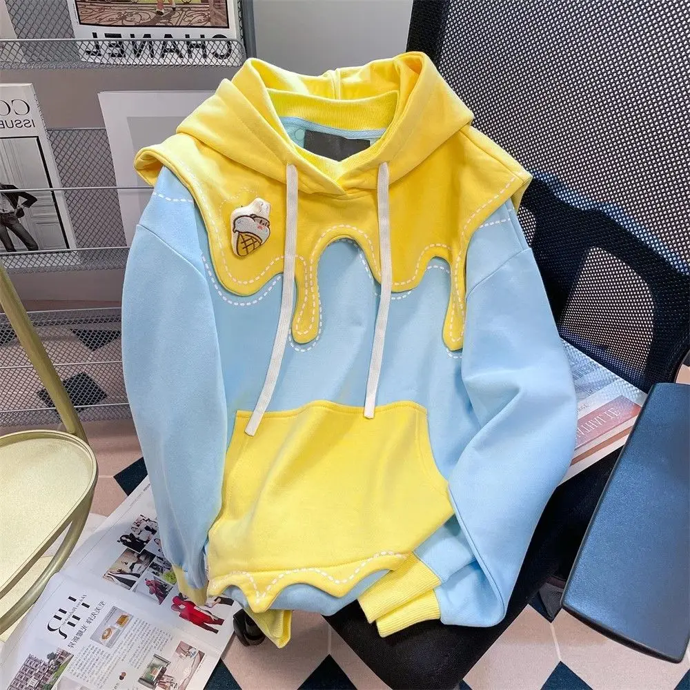 Kawaii Style Cute Contrast Color Patchwork Hooded Sweatshirts Women's Chic Spring Autumn Loose Hoodies Casual Trendy Pullovers