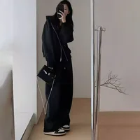 Automne décontracté sweats femmes ample à manches longues fermeture éclair sweats à capuche veste taille pantalon de sport 2 pièces ensemble survêtements 4