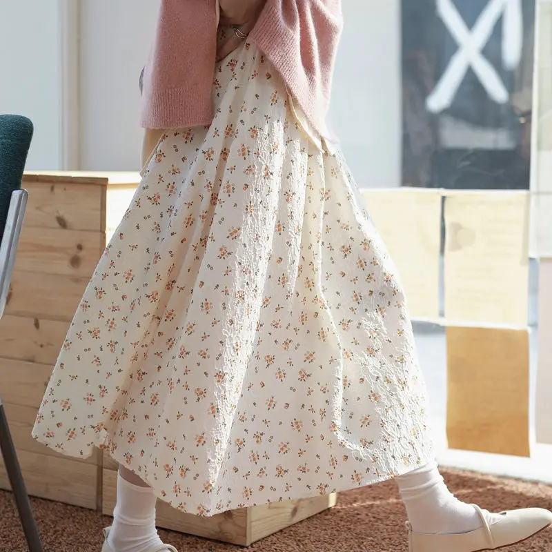 

Vintage Print A-Line Skirts Summer Sweet Elegant Flower Elastic Waist Long Skirt Korean Fashion Casual Female Falda Jupe Longue