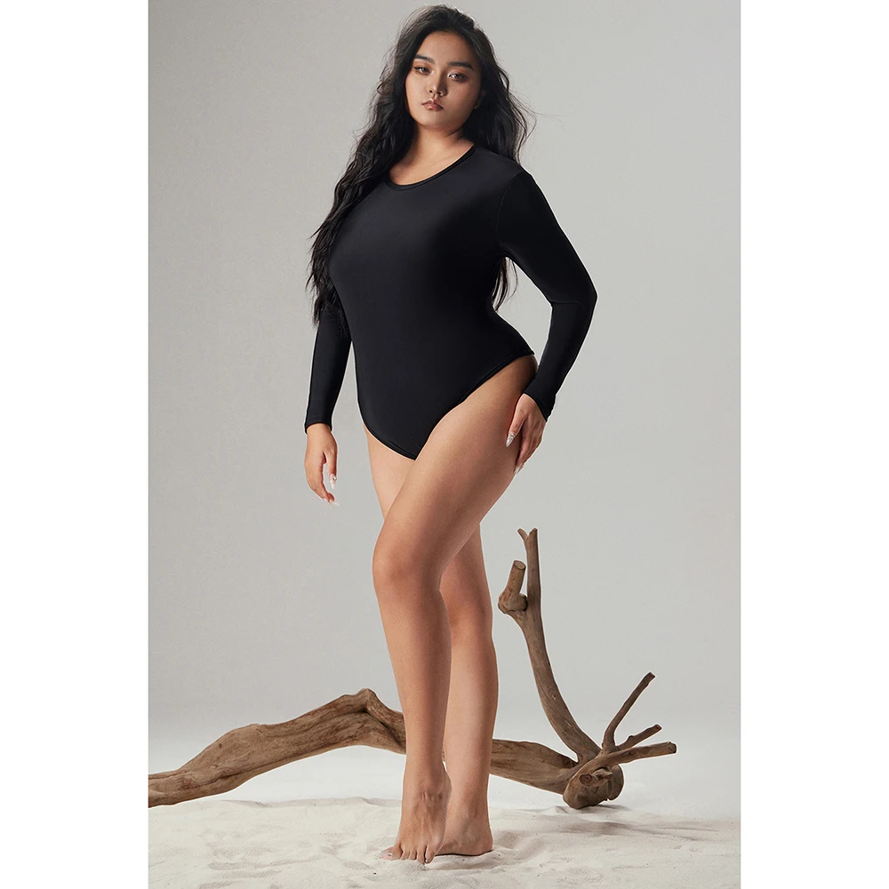Plus Size Casual Bodysuit Black Round Neck Long Sleeve Knitted Bodysuits