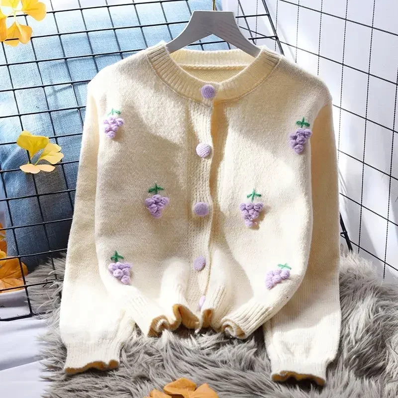 DAYIFUN 여성용 스위트 O넥 니트 가디건, 일본 카와이 3D 자수 짧은 스웨터, 레이디 루즈 용수철 겉옷 상의, 신상