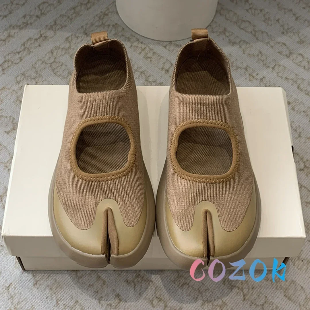Fashion Pink Knitted Mesh Split Toe Flat Casual Shoes Summer Women Front Tripper Mary Jane Sweet Girl Outdoor Sneakers 3