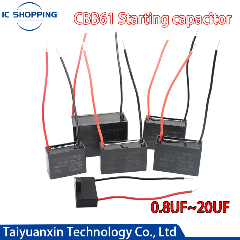 CBB Capacitor Fan Capacitor Motor Run Capacitor CBB61 0.8 1 1.2 1.5 1.8 2 2.5 3 3.5 4 4.5 5 6 7 8 10 12 15 18 20UF Ceiling Fan Motor Running Rectangle