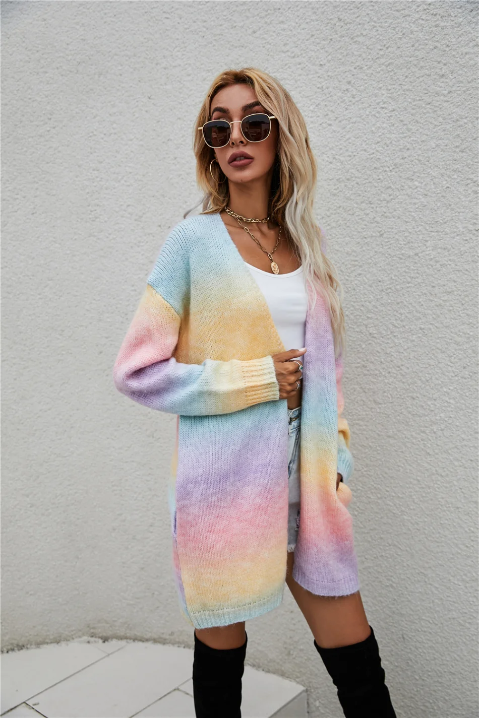 2024 New Winter European American Sweaters Rainbow Tie-dye Mid-length Oversized Cardigan Women Knitwear Jacket Long Sleeved Tops