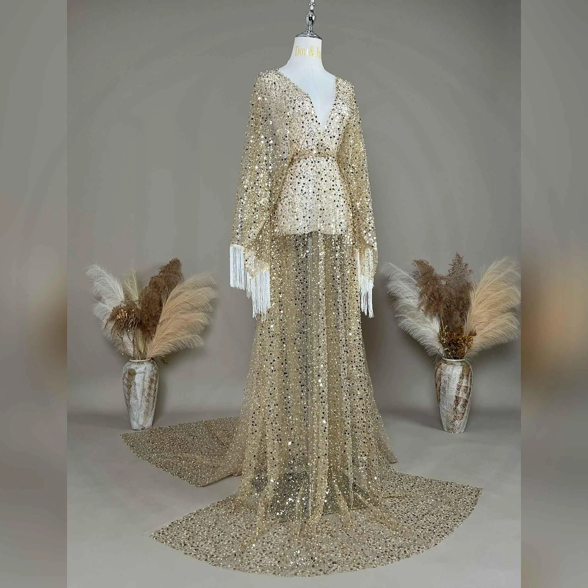 Don&Judy Tüll-Stickerei-Kleid für schwangere Frauen mit Pailletten, Perlen-Quastenkleid, sexy Kleidung mit V-Ausschnitt für die Abendparty – Detail 4