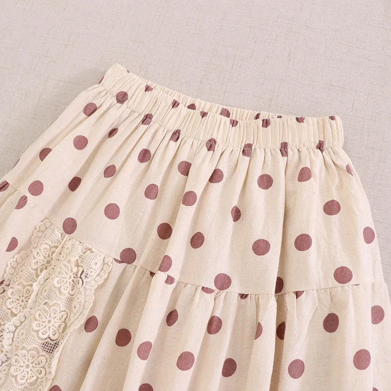 Spring Summer Sweet Mori Girl Lace Spliced Dot Print Cotton Linen Skirt Women Elastic Waist Casual Loose Retro Robe Skirts