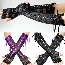 

Women Sexy Lace Long Gloves Half-finger Ribbon Fingerless Fishnet Mesh Etiquette Party Goth Gloves Punk Cosplay Costume Mittens