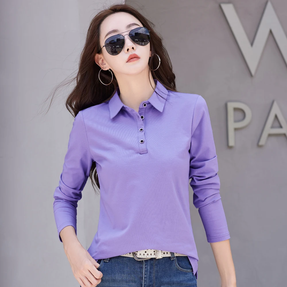 Autumn New In Basic T Shirt Long Sleeve Cotton Plus Size Cotton Polo T- Shirt Women Button Casual Office Lady Formal Women Tops