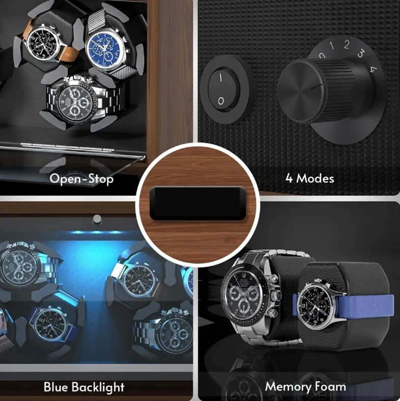 Automatic 6-Slot Watch Winder Box with Blue LED Light, Black Walnut Finish, Soft Memory... - SKU LAWW1124 - UGI Packaging