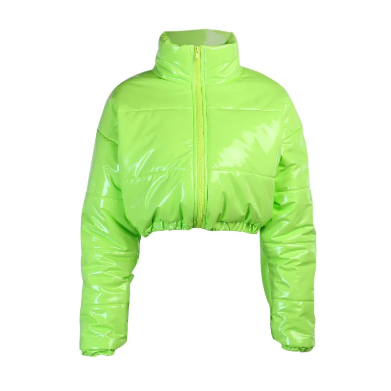 Winter Women Cute Pink Bright PU Puffer Jackets Warm Loose Bubble Coat Down Parkas Zipper Stand Collar Puffly Cropped Jacket XL