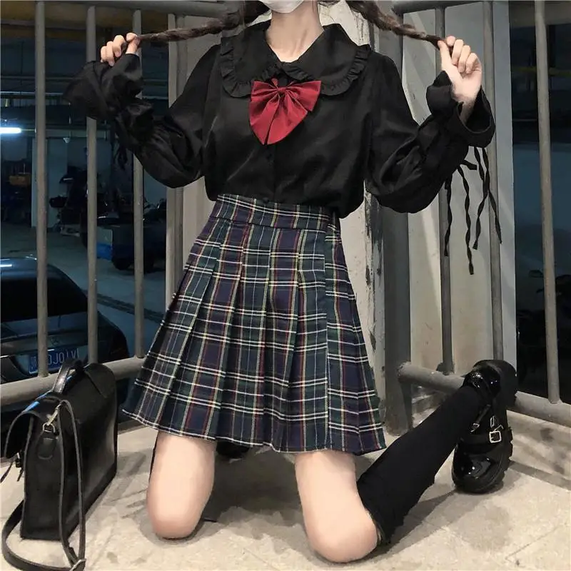 

Deeptown Kawaii Lolita Style White Women Blouses Japanese Sweet Preppy Shirt with Tie Female Elegant Ruffle Top Black JK Fashion