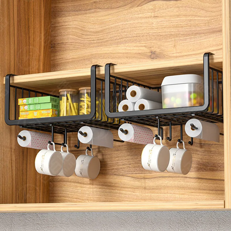 Multifunction Kitchen Under Cabinet Hanging Storage Basket Spice Rack  Organizer with Cup Utensils Roll Holder Metal