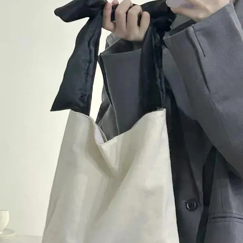 Cream White Canvas Bag Sweet Bowknot Soft Cloth Fabric Large Capacity Simple Lazy Handbags Sweet Fashion Underarm Shoulder Bag