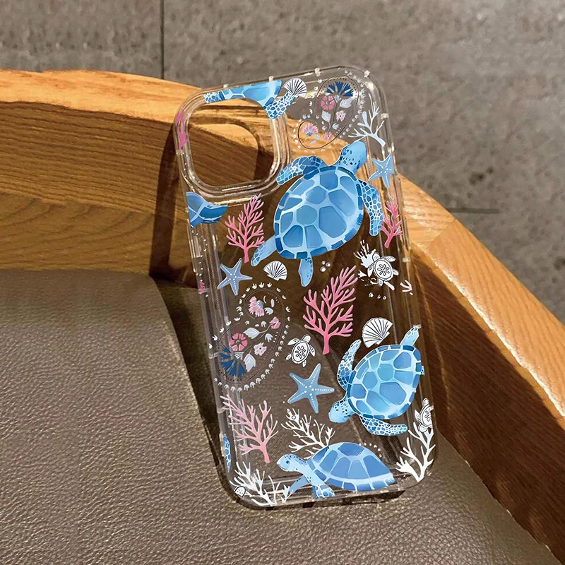 Chic Transparent Phone Case with Turtle Coral Seashell Design