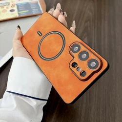 Luxury Retro Synthetic Leather Magnetic Phone Case · Premium Lens Protection Bumper Cover - Galaxy S23 Ultra (Orange)