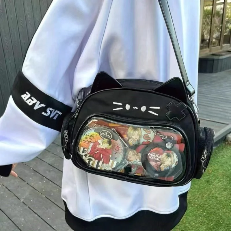 Y2K Korean cute cat ita bag Japan kawaii PU crossbody bag girls transparent pocket Harajuku shoulder silver fashion backpack