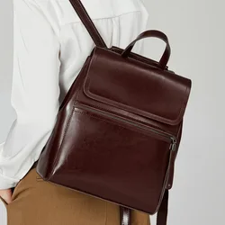New Women 2023 Leather Backpack Fashion Pure Oil Wax Cowhide Retro Schoolbag For Teenage Gilrs Women