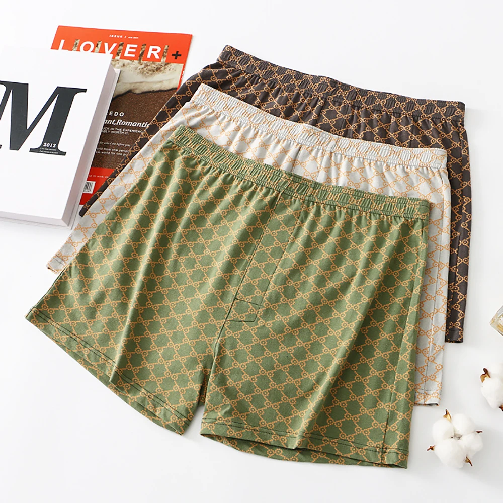 Calzoncillos bóxer de talla grande para hombre, ropa interior 100% de algodón, transpirable, pijama de verano, pantalones de moda con estampado de talle medio, 3 piezas
