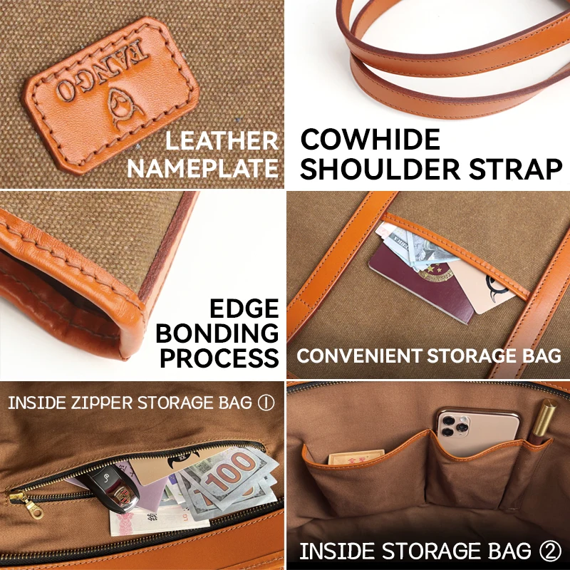 Retro Canvas Bag Handmade Genuine Leather Briefcase Travel Suitcase Tote Bags For Men Large Capacity Business Laptop Handbag