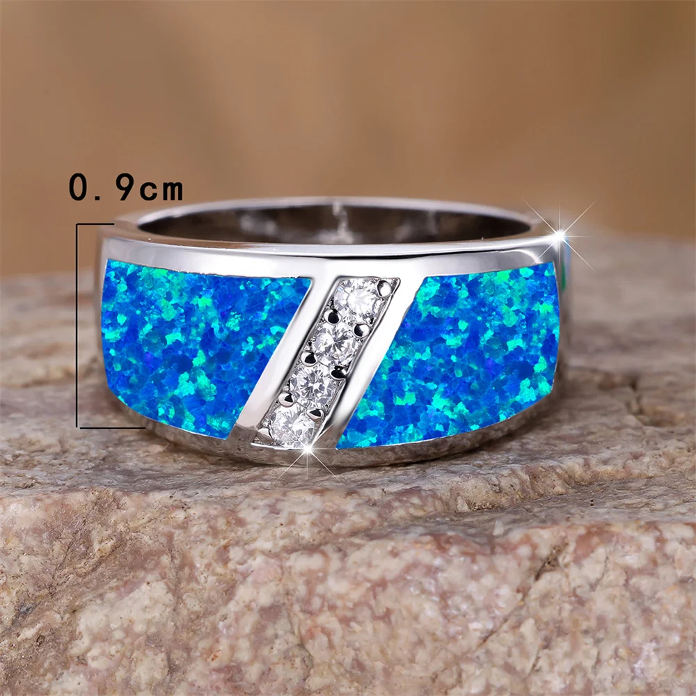 Luxury Crystal Small Stone Blue Opal Rings For Women Vintage Fashion Silver Color Wedding Band Engagement Jewelry Birthday Gifts