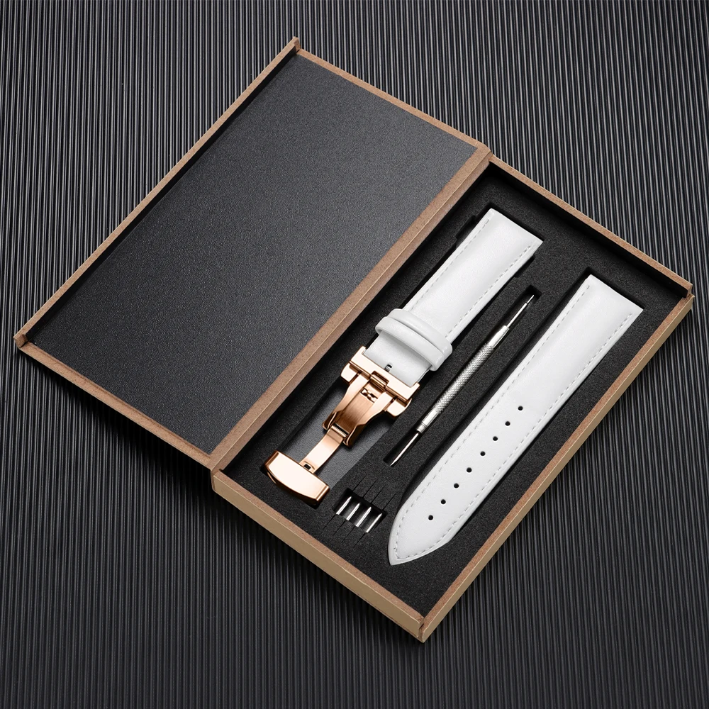 Elegant Genuine Leather Watchband with Butterfly Buckle and Wooden Gift Box