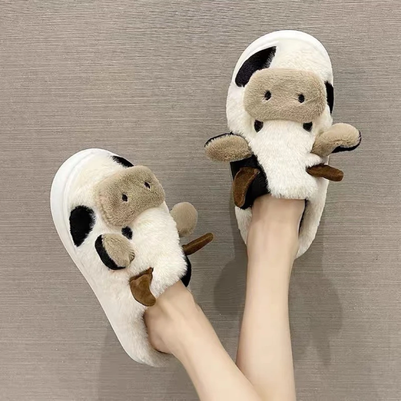 Cow plush slippers warm home slippers unisex cute cartoon cow home men and women warm cotton shoes