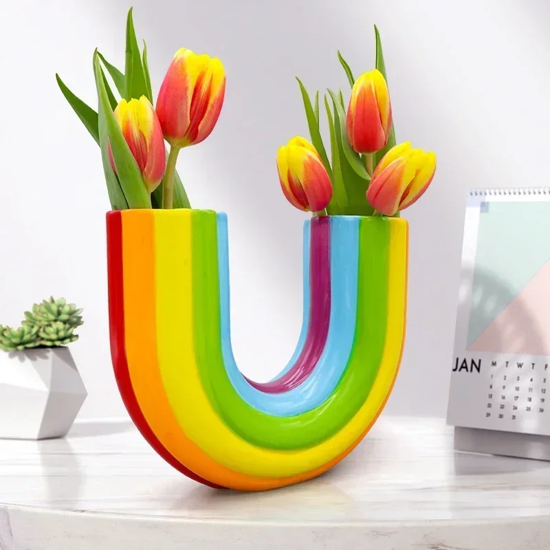

Modern Simple U Shape Vase Creative Rainbow Dried Flower Vase Modern Aesthetic Ornaments Resin Flowerpot For Office Home Decor
