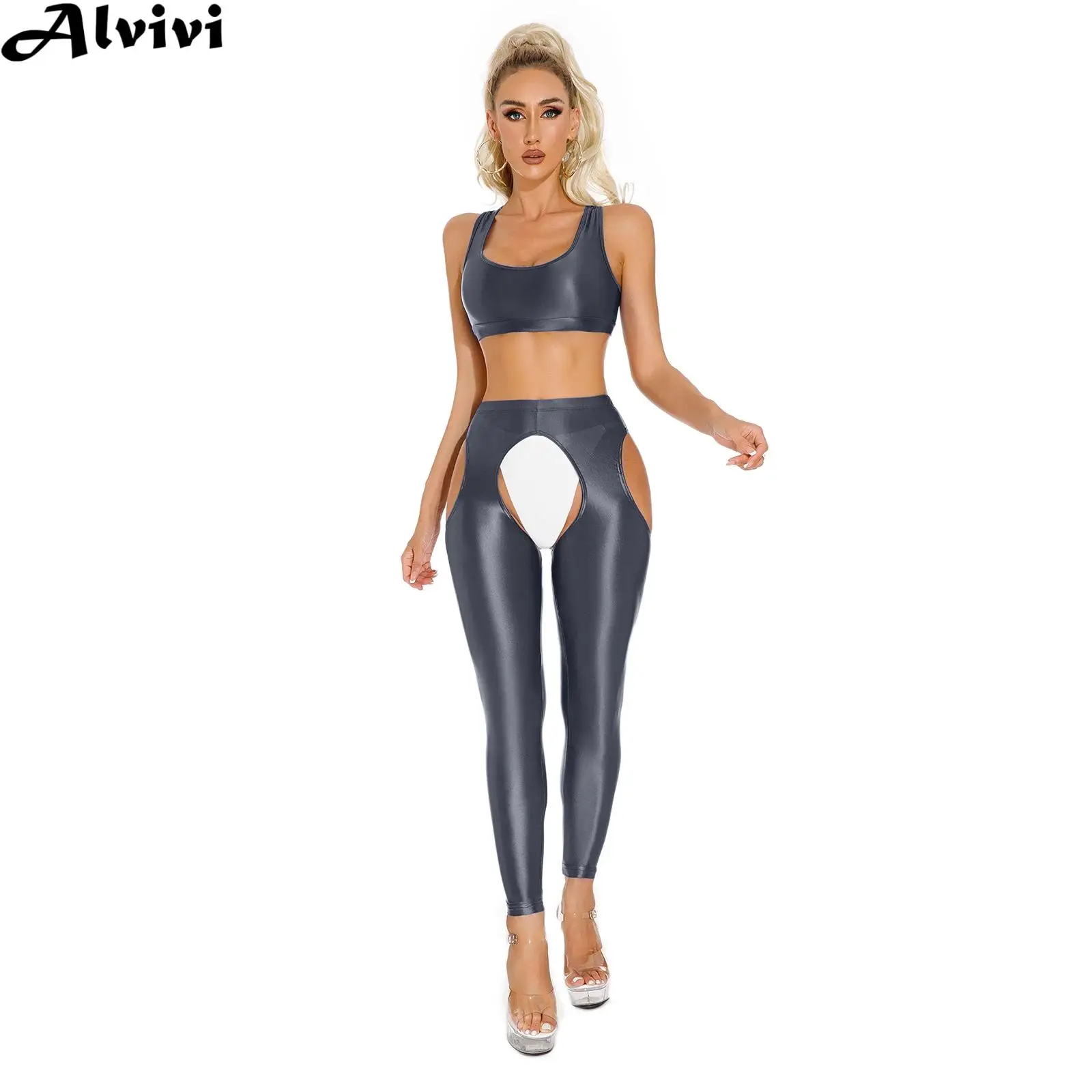 

Women Glossy Yoga Set Crop Tank Top with High Waist Leggings Gymnastics Workout Cycling Fitness Jogging Sportswear Nightwear