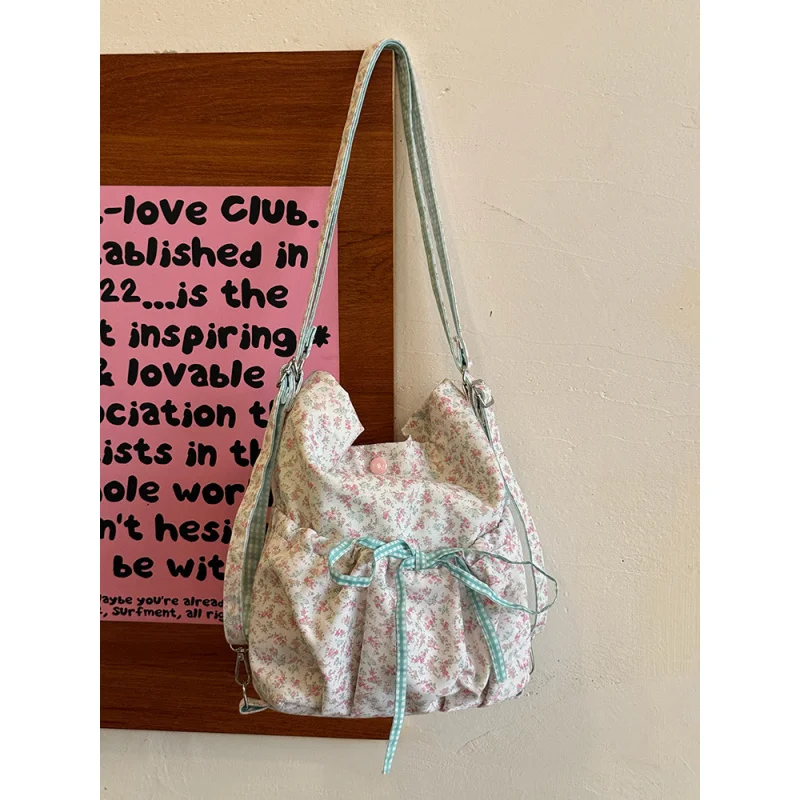 Pink Floral Bow Backpack For Women 2025 New Korean Style Large Capacity Pleated Shoulder Bag, Commuting Bucket Bag