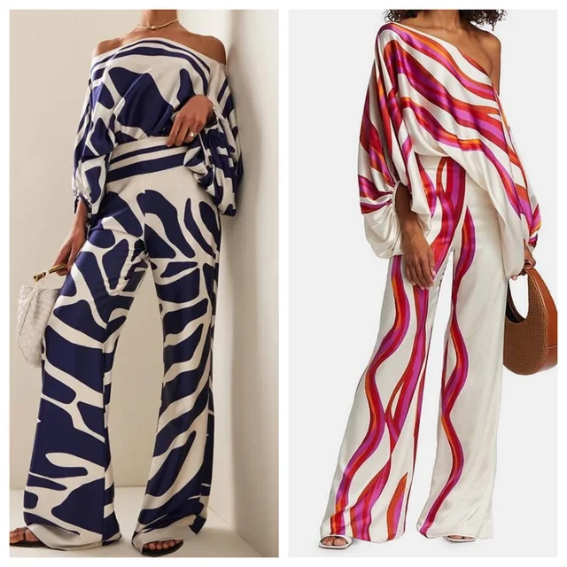 Women's Printed Satin 2-piece Set, Off Shoulder Lantern Sleeve Top, Wide Leg Pants, Elegant Office Shirt
