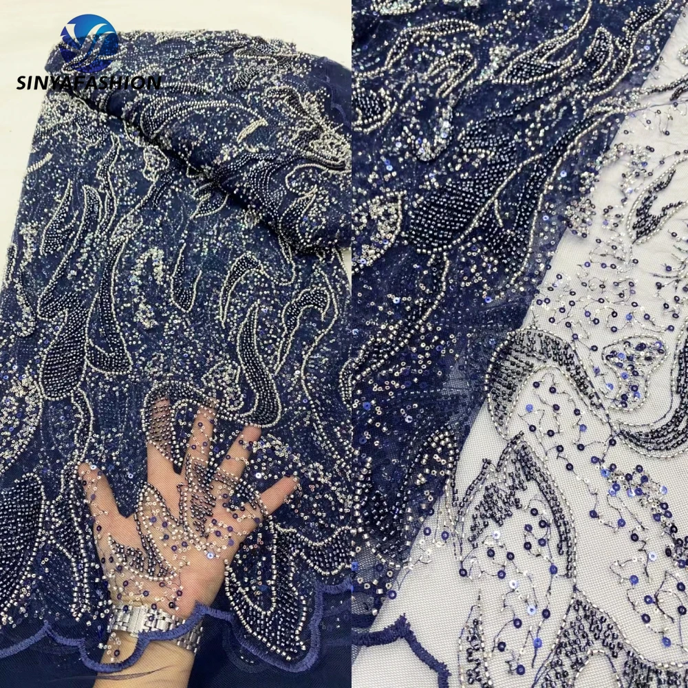 

Sinya Navy Blue African Nigerian French Net Embroidery Tulle Lace Fabric 2024 High Quality Orange Gold White Luxury Beaded Lace