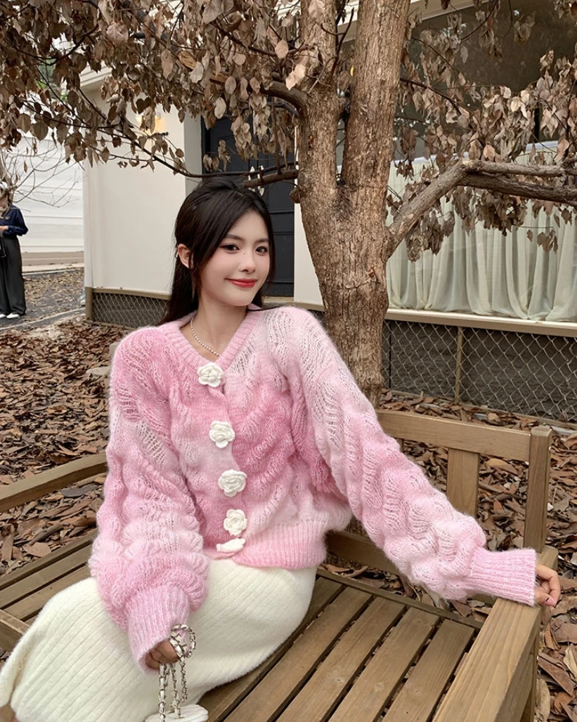 Pink Gradient Japan Knitted Women Sweater Lady Cardigan Vest Woman Sweaters  Female Jumpers Cardigan Jacket Spring Cloth Tops - AliExpress