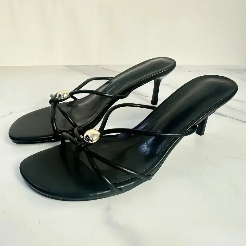 Black Narrow Band Thin Heel Women Mule Shoes Fashion Metal Decoration  Design Brand Slippers Sexy Open Toe Party Slide Sandals AliExpress 322