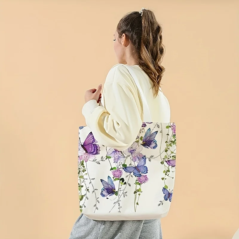 Flower butterfly printed tote bag, reusable fashionable backpack, multifunctional handbag, printed canvas shopping bag