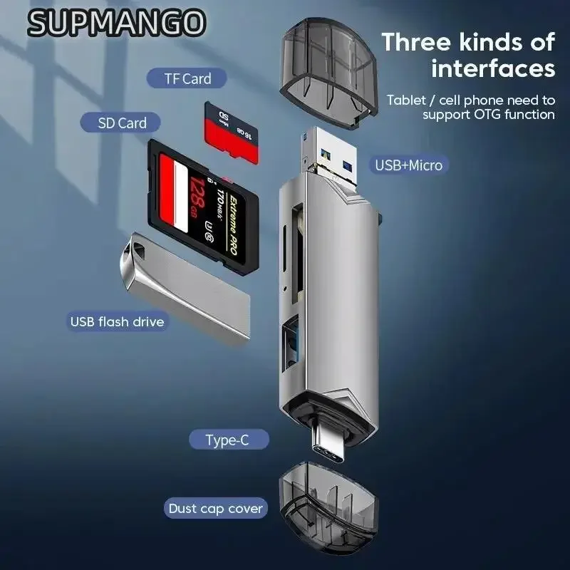 6 in 1 다기능 USB 카드 리더, U 디스크, C 타입, 마이크로 USB, Tf, Sd 플래시 드라이브, 메모리 카드 읽기 어댑터, 전화 액세서리