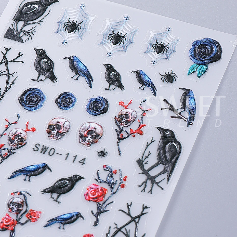 2pcs Halloween Nail Stickers Y2K Spider Web Crow Skull Rose Textured Self-Adhesive Nail Decals Sliders DIY Manicure Decoration