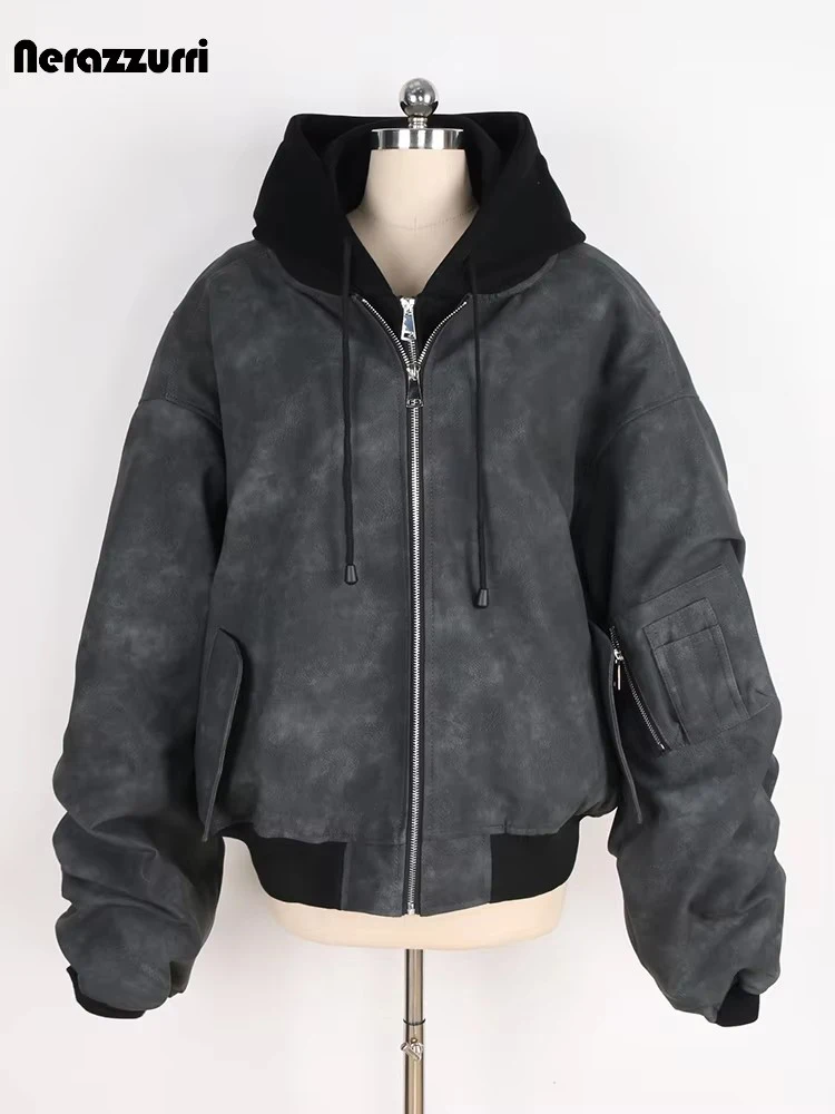 Nerazzurri Autumn Winter Oversized Distressed Pu Leather Jacket