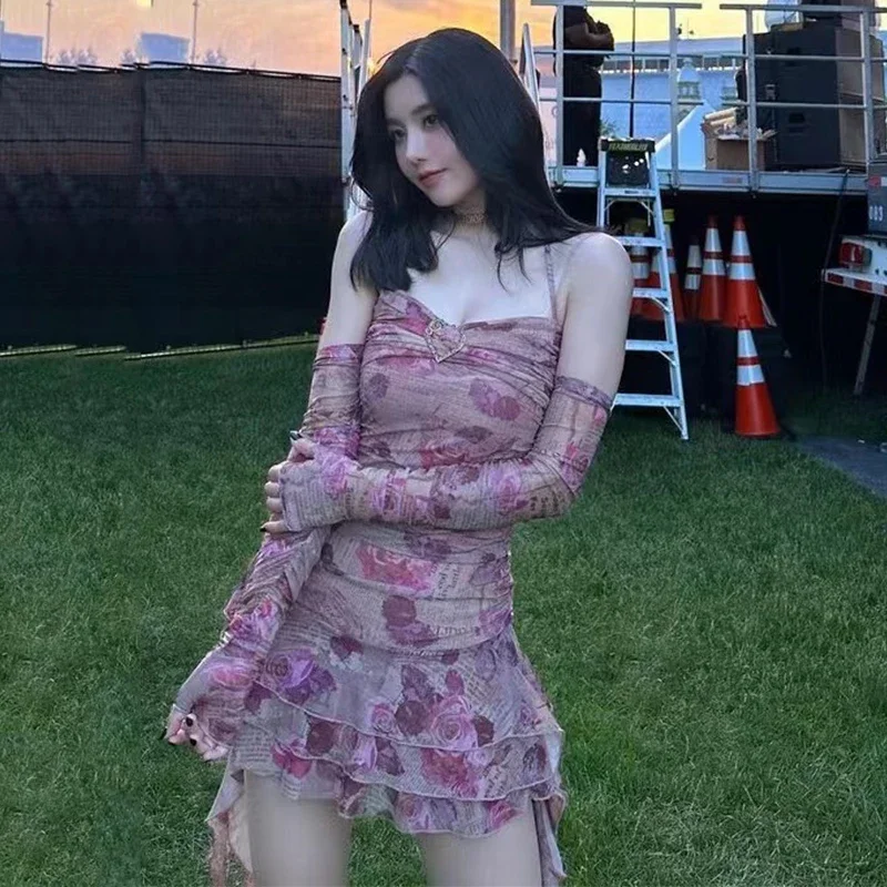 

Sexy Y2k Clothes Kpop Outfits Women Pink Flower Print Dress Party Music Festival Wear Singer Stage Performance Dresses