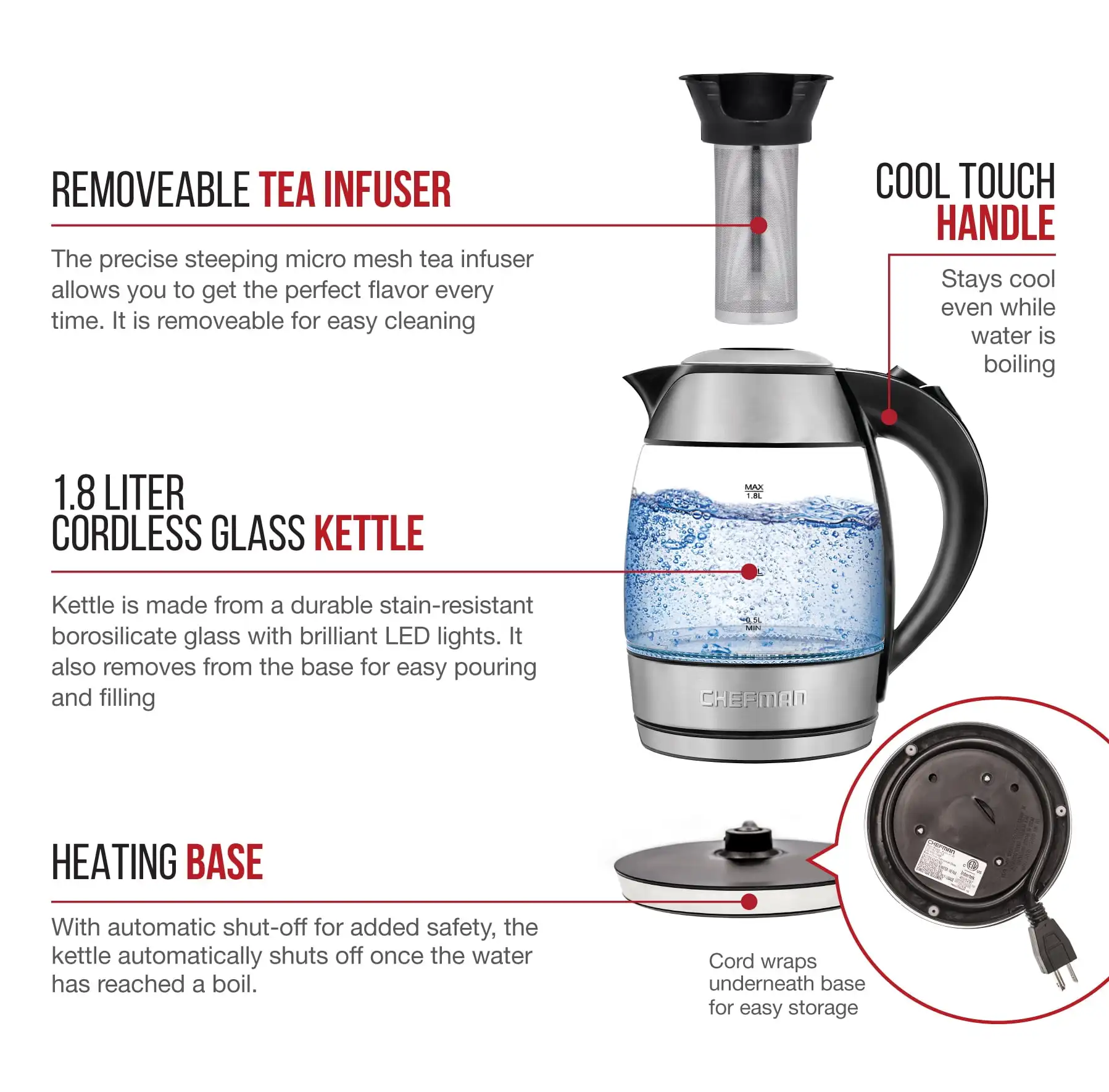 Chefman 1.8L Digital Electric Glass Kettle in R ose 