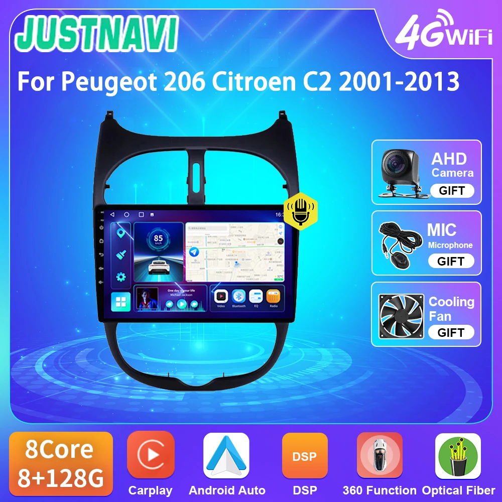 

JUSTNAVI Car Radio 2 Din For Peugeot 206 Citroen C2 2001-2013 Navigation 4G WIFI BT GPS DSP RDS Carplay Android A Din DVD Player