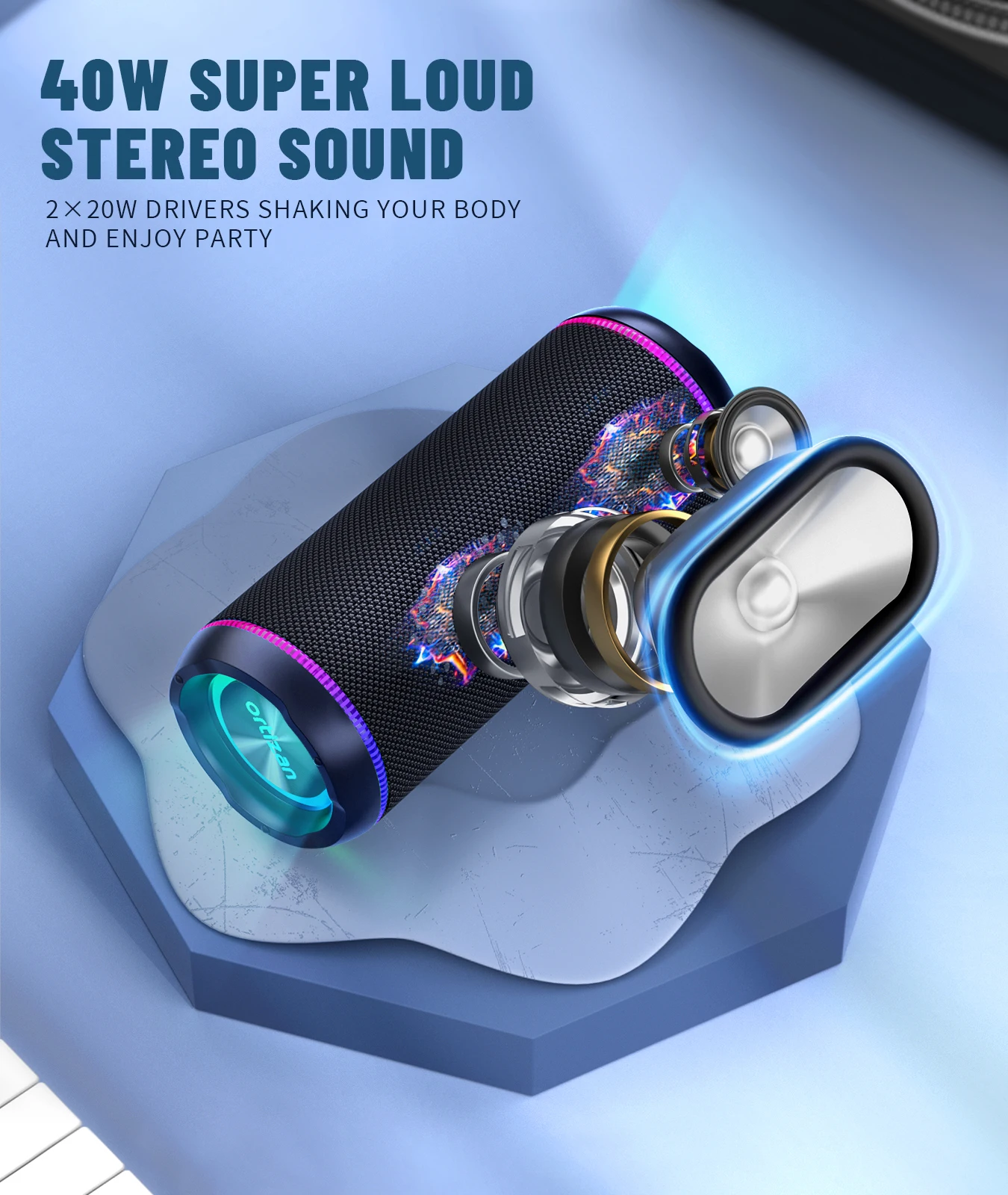 Ortizan Wireless Portable Bluetooth Speaker X30 with 40W Stereo Sound, Rich Bass, IPX7 Waterproof, 30H Playtime, TWS, LED Lights 2