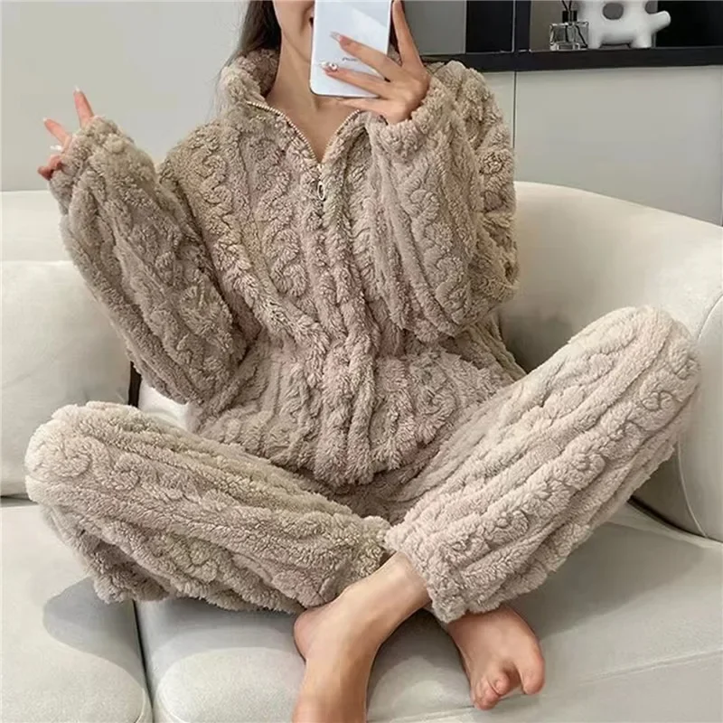 

Autumn Winter Warm Coral Velvet Women Pyjamas Sets Thick Flannel Long Sleeve Solid Sleepwear Fashion Pajamas Relaxation Homewear