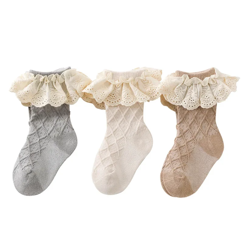 Baby Girl Socks Newborn Stuff Spring Autumn Children Cartoon Socks Lace Cute Cotton Mid-tube Solid Color Kids Clothing 0-5