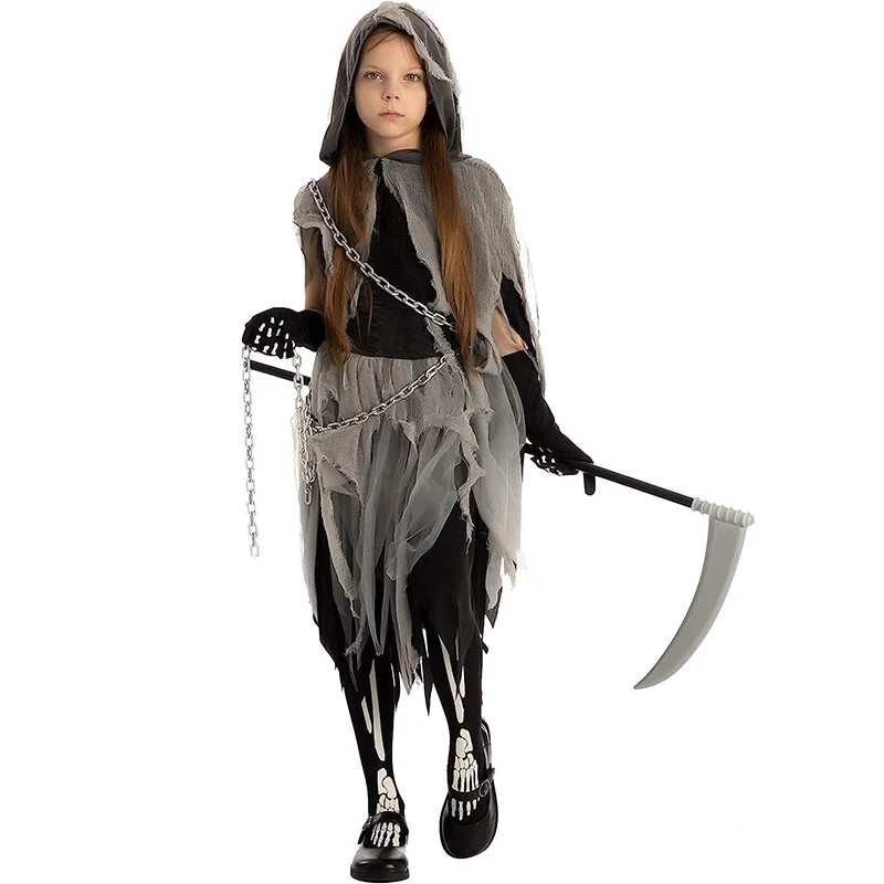Spaventoso Grim Reaper Girl Costume Kids Halloween Costume 2023 Nuovo Arrivo