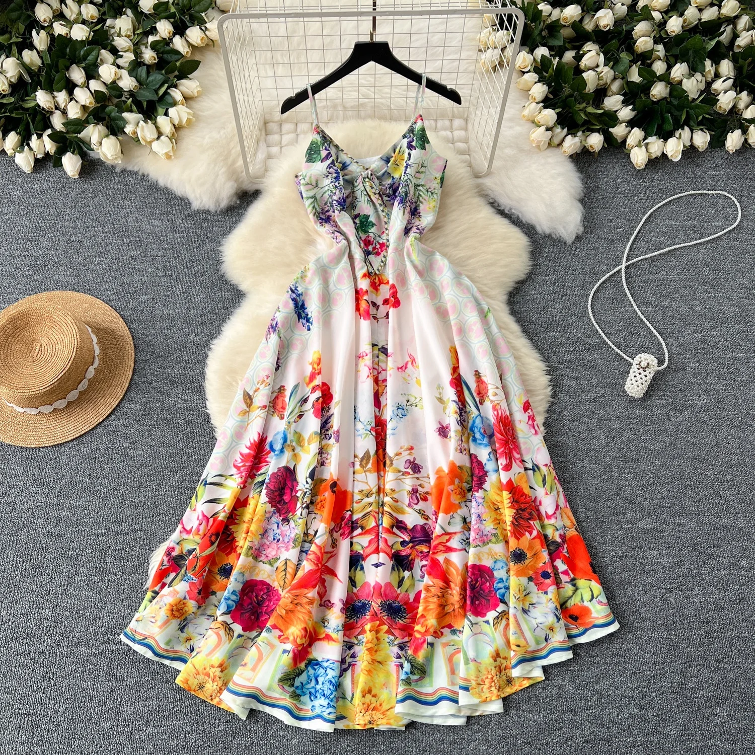 

Clothland Women Sweet Floral Midi Dress V Neck Bow Tie Sleeveless Backless One Piece Retro Fashion Mid Calf Dresses QD598