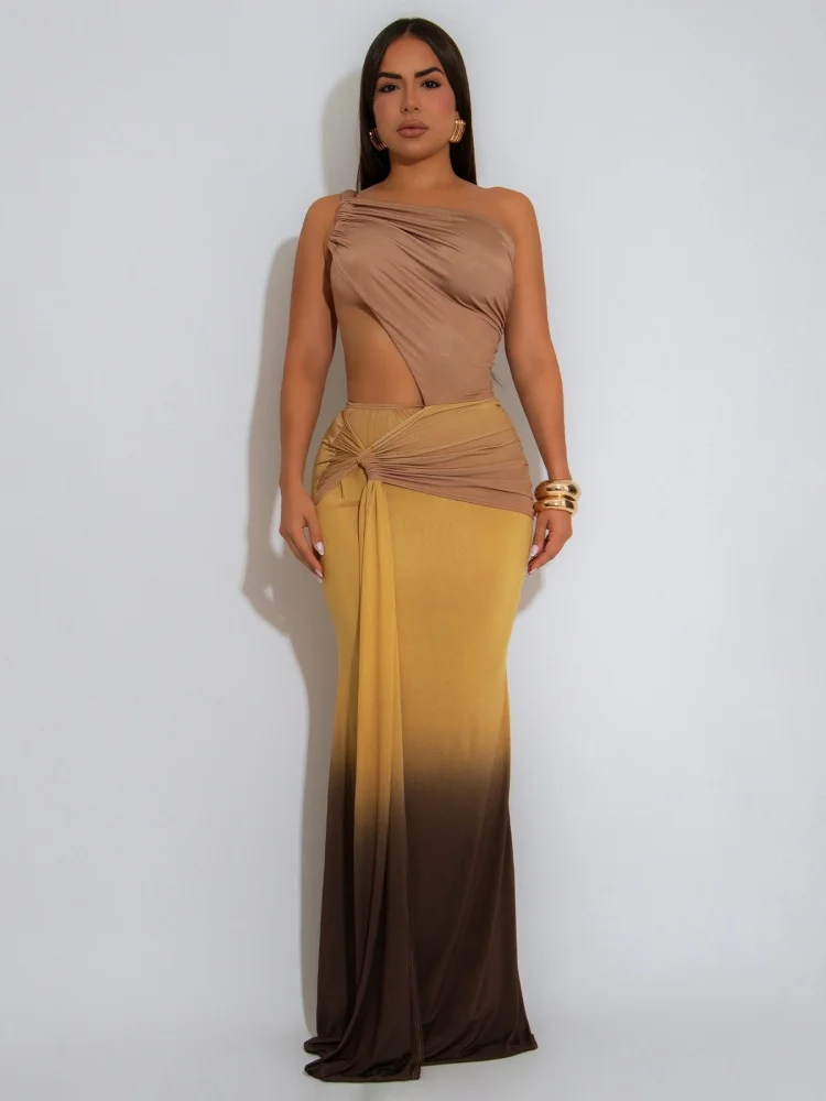 Wmstar Dress Wholesale Hot Selling European American Foreign Trade Clothing Sexy Waist Exposing Gradient Single Shoulder Summer