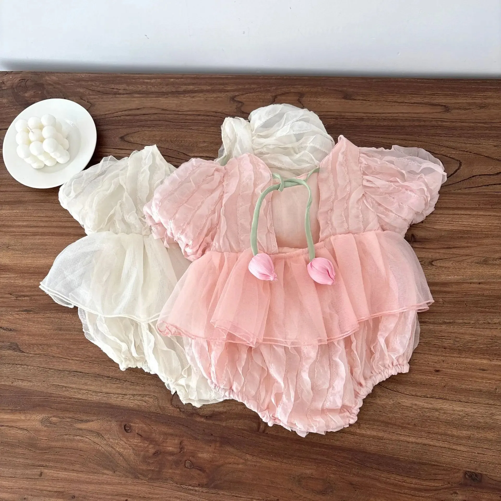 Summer New Sweet Baby Girl Romper Bubble Sleeve Short Sleeve Backless Tulip Month Full Moon Clothes Infant Fashionable Onesie