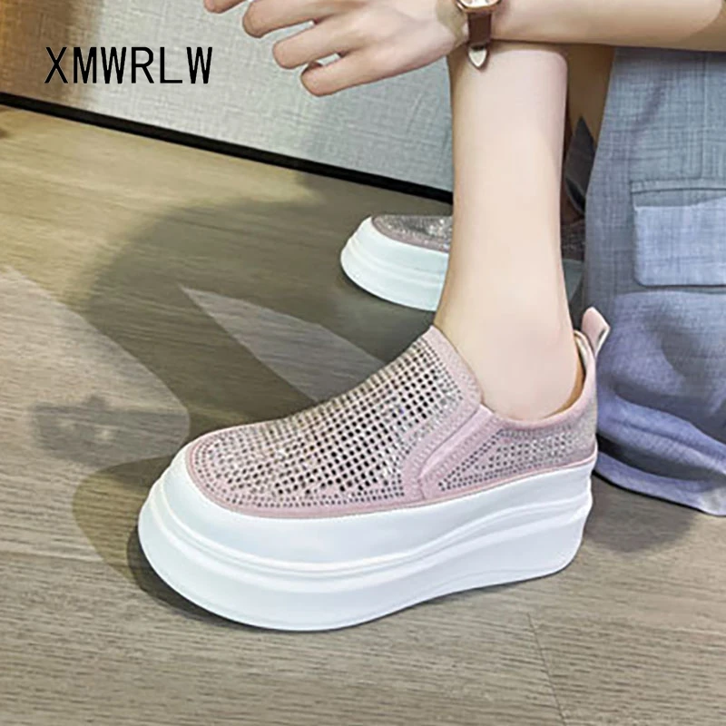 XMWRLW 여성용 하이힐 신발 패션 라인스톤 여성 로퍼 2025 봄 가을 여성 플랫폼 로퍼 슬립온 슈즈