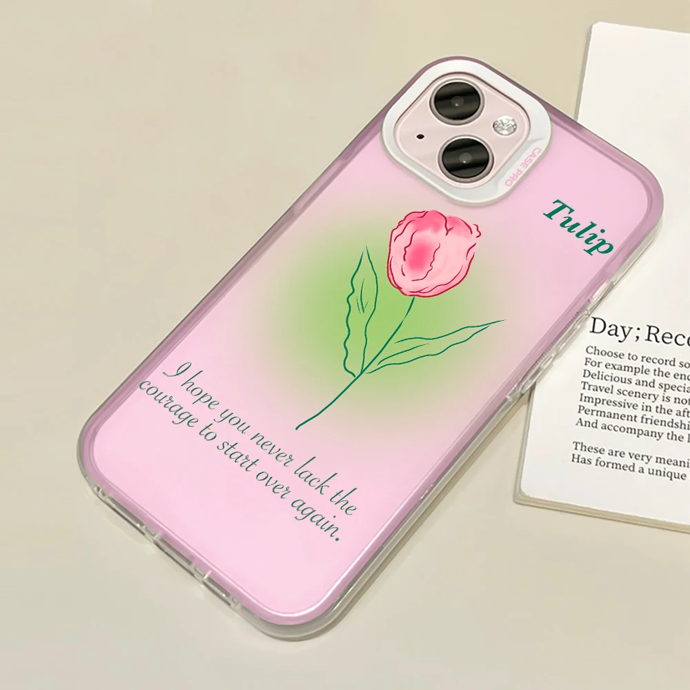 

For iPhone 14 13 ProMax Phone Case Soft TPU Pink Soft TPU Back Cover for iPhone 12 XR XS Max 7 8 Plus SE 11 Fashion Tulip Coque