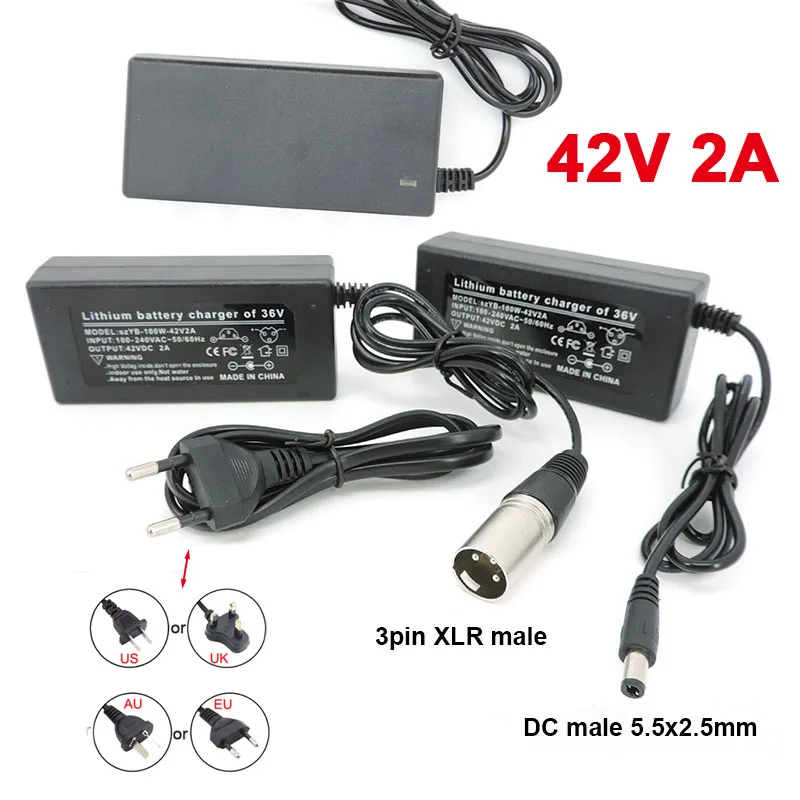 

36V 42V 2A 60W AC DC 5.5x2.5 3PIN XLR plug power supply adapter Charger Lithium Li-ion Li-poly For Electric Bike battery EU us t